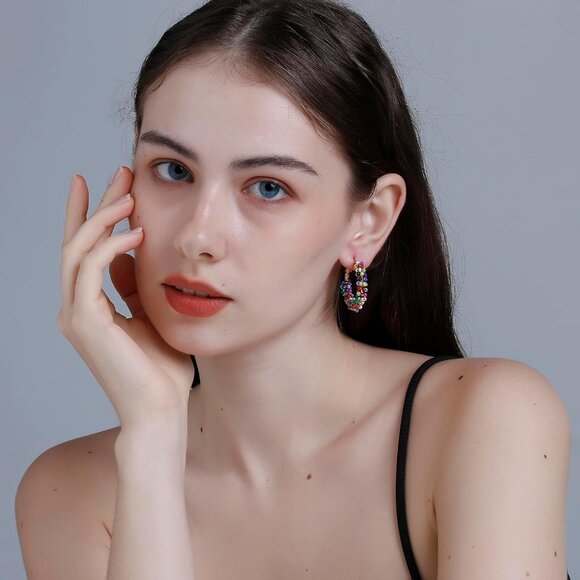 Colorful Beaded Floral Hoop Earrings for Women, Lightweight Stainless Steel Boho - Picture 2 of 6